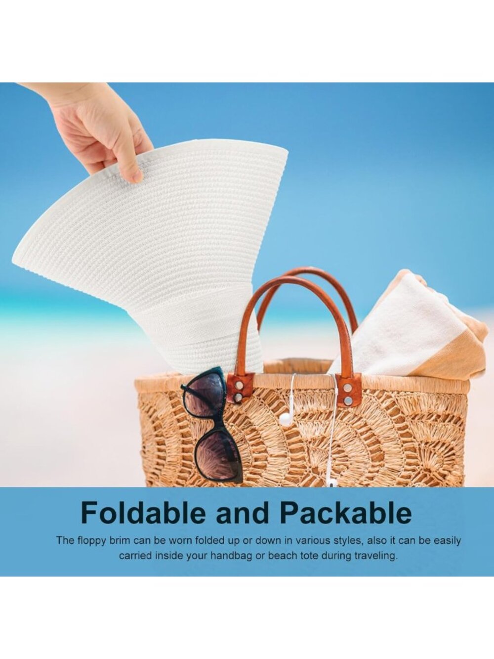 Wide Brim Straw Beach Hat for Women - Floppy, Foldable, UPF 50+ Sun Protection - Picture 6 of 8